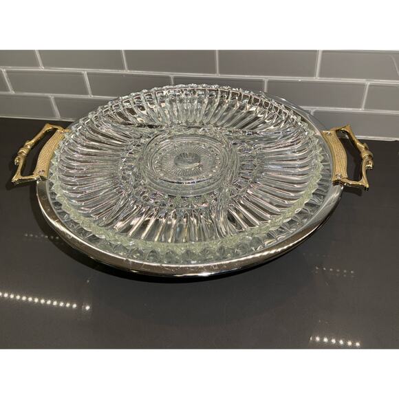 Vintage Kromex Chrome & Glass Servette-Divided Serving Platter W/Brass Handles - Picture 1 of 7